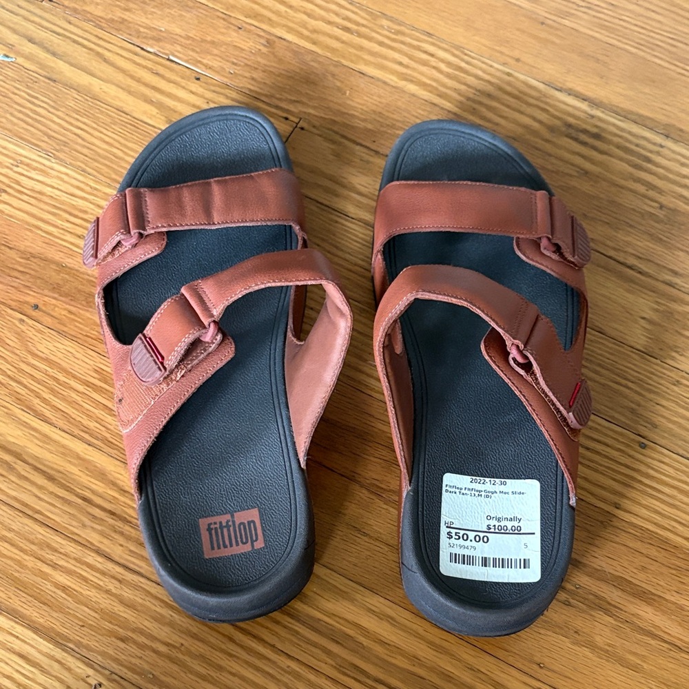 Fitflop Tan-Brown Leather Slide Sandals with Black Footbed
